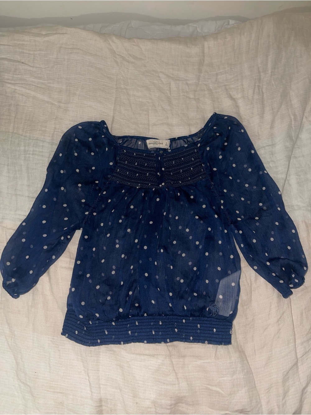 Abercrombie & Fitch Navy Blue Polka Dot Smocked Blouse